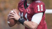 Quarterback Michael Pruneau passed for three touchdowns in the Crimson’s 35-16 victory over Lafayette. His first throw came on a fake field goal in the opening period.