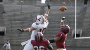 Cornerback D.J. Monroe (36) and safety Chris Splinter (1) each had an interception in Saturday’s game. The Lafayette player is Mark Ross, the Leopards’ leading receiver.