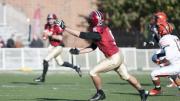 Ricky Zorn (5) was Harvard’s leading receiver in the Princeton game, with eight catches for 168 yards. Zorn scored the Crimson’s first touchdown on a 33-yard pass play, pulling in a ball that had glanced off the shoulder of a Tiger defender.