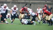 Paul Stanton Jr. ’16 (number 29) rumbled for 102 yards--43 coming on a blast up the middle that pushed the Crimson lead to 17-0 at halftime.