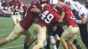 Linebacker Eric Medes ’16 (number 49), with nine tackles, and defensive lineman Dan Moody ’16 (number 98), whose two tackles included a sack, led a host of Harvardians who continually surrounded Lafayette ballcarriers and did not let the Leopards offense get on the board until the fourth quarter.