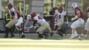 Harvard senior linebacker Eric Medes (49) had a team-high seven tackles and a sack of Leopard quarterback Drew Reed.