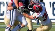 The eventual 45-7 victory also included the Murphy era trademark rugged defense, as practiced by linebacker Bobby Schneider (35).