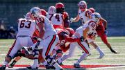 Junior defensive end DJ Bailey (99) registered one of five Harvard sacks against Brown quarterback Nick Duncan.
