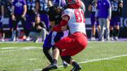 Brogan McPartland tackles Holy Cross quarterback Connor Degenhardt for a loss.