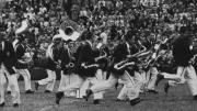 Bandsman scramble to get into a new formation at halftime