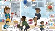 An illustration of an elementary school classroom with two teachers and an observer