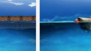 The computer montage diptych "Home’s Horizons,{ by Fatimah Tuggar features oceans and abodes 