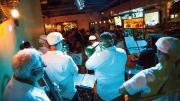 Musicians play Latin jazz in the front lounge. 