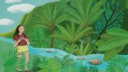 Painting of a young Korean-American woman in a Harvard T-shirt walking beside a stream in a lush, hilly Hawaiian landscape 