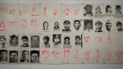 A grid comprised of 48 portraits, including black-and-white photographs of South American indigenous people and criminal mugshots, and simple, childlike drawings of human faces in bright red