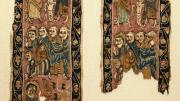 Colorful woven vertical bands from a funerary tunic depict multiple figures.