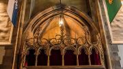 Ornate stonework and stained glass in the cathedral-like Great Hall 
