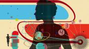 Abstract illustration of a woman’s upper torso in silhouette, overlayed with small images suggesting medical research