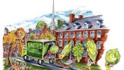 In Harvard Yard, workers unload gigantic heads of lettuce and other greens from a truck prominently labeled United Farm Workers as students celebrate the University's decision to support the union workers by buying only UFW-certified produce. 