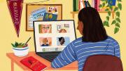 Drawing of a college student seated at her desk in her bedroom at home, looking at images of friends on her computer screen. On the desk are a book and a bowl of salad, reflecting recommendations made by friends previously.