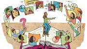 An illustration showing a teacher sitting on an enormous open book with students on screens hovering around her, some raising their hands to ask questions