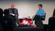 A file photograph of M.Des. program director and Noyes professor in architectural theory K. Michael Hays sitting with Design School dean Sarah Whiting