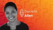 Danielle Allen headshot over an orange background.