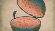 Abstract illustration of an elderly man balanced on the edge of a half globe filled with brain gray matter