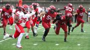 Harvard senior linebacker Jack McGowan (54) and sophomore safety Victor Tademy chase down Cornell runner SK Howard.
