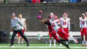 Tightly defended by Cornell's Kenan Clarke, Harvard senior wideout James Batch just fails to make the catch.