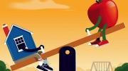Illustration of a seesaw with a house on one end, and an apple, representing teaching, on the other.