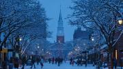 wintry scene of downtown Vermont's pedestrian shopping zone