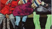 painting of twins asleep on a NYC subway, nestled against their caregiver