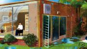 House with man inside, cooled by an air conditioner