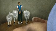 Illustration of a man sleeping as an alter ego surrounded by sheep practices his golf swing