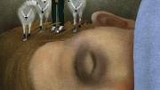 Illustration of a man sleeping as an alter ego surrounded by sheep practices his golf swing