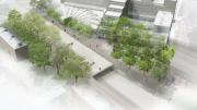 1. An aerial rendering of the new plaza atop the Cambridge Street tunnel, looking north toward the Science Center
