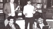 A 1981 photograph taken in the Lampoon Castle shows <i>Simpsons</i> stalwarts Mike Reiss ’81 (seated left) and Al Jean ’81 (holding an iron). Patric Verrone ’81, who juggles pool balls behind them, is also a successful TV comedy writer with <i>Simpsons</i> credits. Holding the axe is the late Ted Phillips ’81, who became a lawyer in South Carolina and passed away in 2005. He has a character (Duke Phillips) named after him in <i>The Critic,</i> an animated series created by Jean and Reiss.