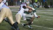 Junior linebacker Eric Medes (number 49), who had seven tackles, bottled up Dartmouth quarterback Dalyn Williams. The Harvard defense forced five fumbles, two of which the Crimson recovered. 