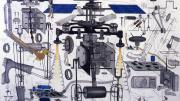 Abu Bakarr Mansaray draws Da Vinci-style diagrams of war machines, bringing together horror and cartoon comedy. This one, entitled <i>Digital Man</i>, features an alien gunfight in its lower right corner. Several of Mansaray’s wire sculptures also appear at the Cooper Gallery.