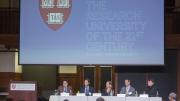Moderated by Harvard Law School's Jonathan L. Zittrain (left), planners and designers discussed the “digital campus.” In the twenty-first century, said John Palfrey ’94, J.D. ’11 (second from left), head of school at Phillips Academy, Andover, “the green fields we build on will be in cyberspace.”