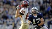 The ball that broke the Bulldog’s back. With a minute and a half to play, Chris Lorditch beat Yale defender Adam Money on a 32-yard pass that gave Harvard the game-winning touchdown. 