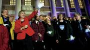 President Faust, deans, and members of the governing boards stood on the Widener steps to watch the procession of students parade by, each residential House or graduate school with its own theme.