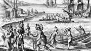 Both sides now: mutually beneficial trade between Native Americans and English people. From Theodor de Bry&rsquo;s <i>America</i> series, 1634. 