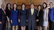 Celebrating a landmark HBS gift: Dean Nitin Nohria with Angela Chao; May Chao; Elaine L. Chao; Dr. James Si-Cheng Chao; Christine Chao; Grace Chao; and President Drew Faust 