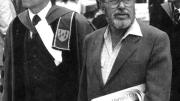 Robert Kiely escorts Tennessee Williams at Commencement in 1982.