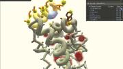 Red spheres mark chemically unstable regions that require player attention. A chat interface allows groups of players to collaborate.