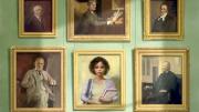 A wall of formal portraits, five representing white male Harvard faculty and administrators, one representing a black undergraduate woman