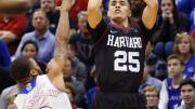 Corey Johnson ’19 (shown here against Kansas) sank six three-pointers in the BU game to lead the Crimson to a 75-69 victory. 