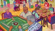 Illustration of elderly Chinese participating in activities at a senior center