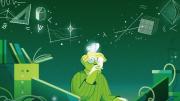 Imaginative drawing of a student contemplating mathematical concepts floating above his head