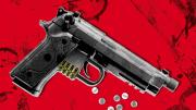 An illustration of a handgun with bullets