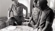 A 1975 photo of Bearden (at left) in his studio with photographer Jeanne Moutoussamy and master printmaker Robert Blackburn