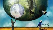 Cracks appear in a balloon decorated like a $100 bill as Uncle Sam fills it with a bicycle pump